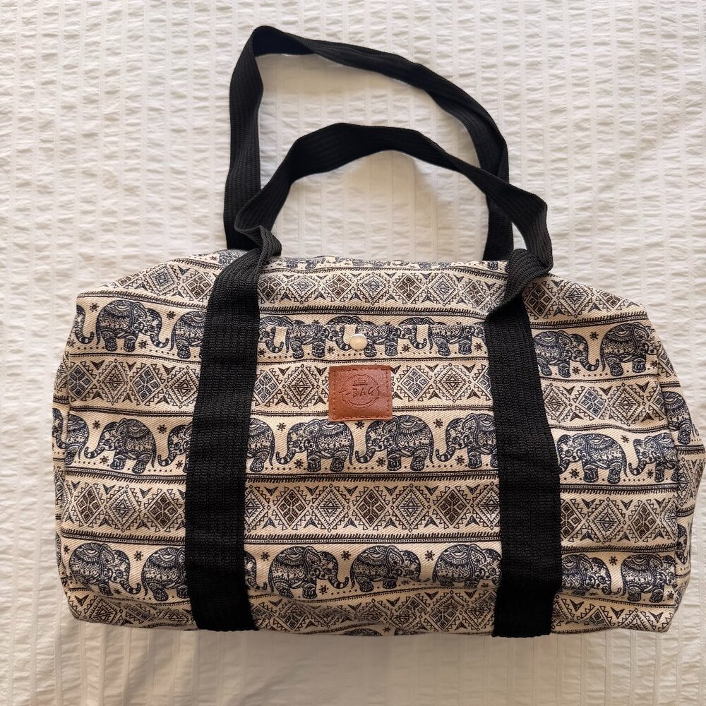 Small Canvas Duffel Bag Tote in navy Elephant Print